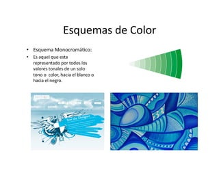 Esquemas	
  de	
  Color	
  
•  Esquema	
  Monocromá,co:                              	
  
•  Es	
  aquel	
  que	
  esta	
  
   representado	
  por	
  todos	
  los	
  
   valores	
  tonales	
  de	
  un	
  solo	
  
   tono	
  o	
  	
  color,	
  hacia	
  el	
  blanco	
  o	
  
   hacia	
  el	
  negro.	
  
 