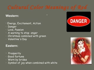 Cultural Color Meanings of Red
Western:
                                    .
· Energy, Excitement, Action
·   Danger
·   Love, Passion
·   A warning to stop anger
·   Christmas combined with green
·   Valentine's Day

Eastern:

·  Prosperity
· Good fortune
· Worn by brides
· Symbol of joy when combined with white
 