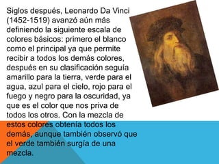 Siglos después, Leonardo Da Vinci
(1452-1519) avanzó aún más
definiendo la siguiente escala de
colores básicos: primero el blanco
como el principal ya que permite
recibir a todos los demás colores,
después en su clasificación seguía
amarillo para la tierra, verde para el
agua, azul para el cielo, rojo para el
fuego y negro para la oscuridad, ya
que es el color que nos priva de
todos los otros. Con la mezcla de
estos colores obtenía todos los
demás, aunque también observó que
el verde también surgía de una
mezcla.
 