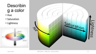 Describin
g a color
• Hue
• Saturation
• Lightness

Titolo lezione

WEB DESIGN NABA 2014 Roberto DADDA

22

 