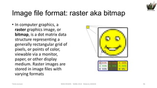 Image file format: raster aka bitmap
• In computer graphics, a
raster graphics image, or
bitmap, is a dot matrix data
structure representing a
generally rectangular grid of
pixels, or points of color,
viewable via a monitor,
paper, or other display
medium. Raster images are
stored in image files with
varying formats
Titolo lezione

WEB DESIGN NABA 2014 Roberto DADDA

36

 