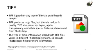 TIFF
• TIFF is good for any type of bitmap (pixel-based)
images.
• TIFF produces large files, but there is no loss in
quality. TIFF also preserves layers, alpha
transparency, and other special features when saved
from Photoshop.
• The type of extra information stored with TIFF files
varies in different Photoshop versions, so consult
Photoshop's help for more information.
http://graphicssoft.about.com/od/graphicformats/f/summary.htm
Titolo lezione

WEB DESIGN NABA 2014 Roberto DADDA

37

 