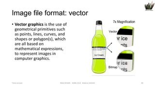 Image file format: vector
• Vector graphics is the use of
geometrical primitives such
as points, lines, curves, and
shapes or polygon(s), which
are all based on
mathematical expressions,
to represent images in
computer graphics.

Titolo lezione

WEB DESIGN NABA 2014 Roberto DADDA

40

 