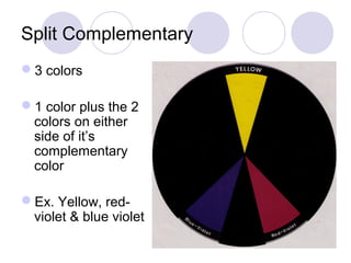 Split Complementary 
3 colors 
1 color plus the 2 
colors on either 
side of it’s 
complementary 
color 
Ex. Yellow, red-violet 
& blue violet 
 