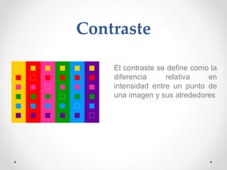 Contraste
El contraste se define como la
diferencia relativa en
intensidad entre un punto de
una imagen y sus alrededores
 