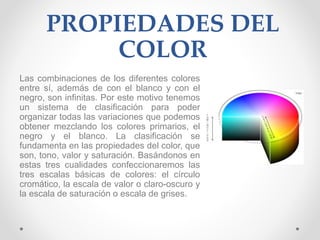 PROPIEDADES DEL
COLOR
Las combinaciones de los diferentes colores
entre sí, además de con el blanco y con el
negro, son infinitas. Por este motivo tenemos
un sistema de clasificación para poder
organizar todas las variaciones que podemos
obtener mezclando los colores primarios, el
negro y el blanco. La clasificación se
fundamenta en las propiedades del color, que
son, tono, valor y saturación. Basándonos en
estas tres cualidades confeccionaremos las
tres escalas básicas de colores: el círculo
cromático, la escala de valor o claro-oscuro y
la escala de saturación o escala de grises.
 