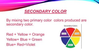SECONDARY COLOR
By mixing two primary color colors produced are
secondary color.
Red + Yellow = Orange
Yellow+ Blue = Green
Blue+ Red=Violet
 