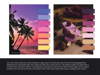 Let’s take a closer look at the sunset and dessert images above. The blue-violet sky at the top of the photograph flows
effortlessly into a periwinkle violet, then a light red-violet, then a vibrant red, etc. The sherbert image to the right shows a
transition from a dark plum violet to a saturated peony red-violet to a pale-rose red. Both of these images show a gradual
transition from one color to the next on the wheel, and for that reason, they’re both using an analogous color scheme
 