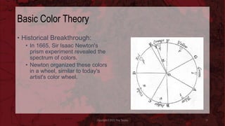 Basic Color Theory
• Historical Breakthrough:
• In 1665, Sir Isaac Newton's
prism experiment revealed the
spectrum of colors.
• Newton organized these colors
in a wheel, similar to today's
artist's color wheel.
Copyright © 2023 Troy Tarpley 11
 