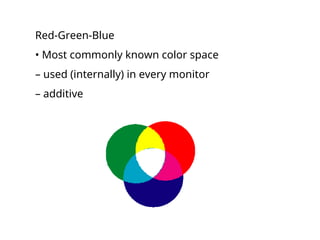 Red-Green-Blue
• Most commonly known color space
– used (internally) in every monitor
– additive
 