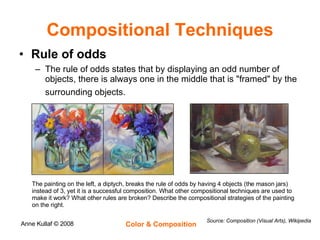 Compositional Techniques Rule of odds The rule of odds states that by displaying an odd number of objects, there is always one in the middle that is "framed" by the surrounding objects.   Source: Composition (Visual Arts), Wikipedia The painting on the left, a diptych, breaks the rule of odds by having 4 objects (the mason jars) instead of 3, yet it is a successful composition. What other compositional techniques are used to make it work? What other rules are broken? Describe the compositional strategies of the painting on the right. 