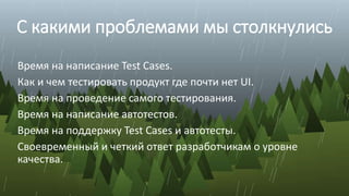 С какими проблемами мы столкнулись
Время на написание Test Cases.
Как и чем тестировать продукт где почти нет UI.
Время на проведение самого тестирования.
Время на написание автотестов.
Время на поддержку Test Cases и автотесты.
Своевременный и четкий ответ разработчикам о уровне
качества.
 