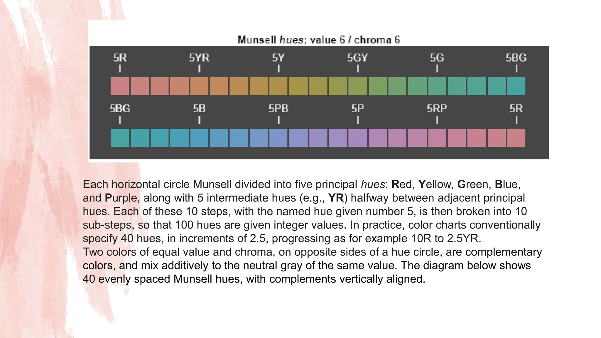 Each horizontal circle Munsell divided into five principal hues: Red, Yellow, Green, Blue,
and Purple, along with 5 intermediate hues (e.g., YR) halfway between adjacent principal
hues. Each of these 10 steps, with the named hue given number 5, is then broken into 10
sub-steps, so that 100 hues are given integer values. In practice, color charts conventionally
specify 40 hues, in increments of 2.5, progressing as for example 10R to 2.5YR.
Two colors of equal value and chroma, on opposite sides of a hue circle, are complementary
colors, and mix additively to the neutral gray of the same value. The diagram below shows
40 evenly spaced Munsell hues, with complements vertically aligned.
 
