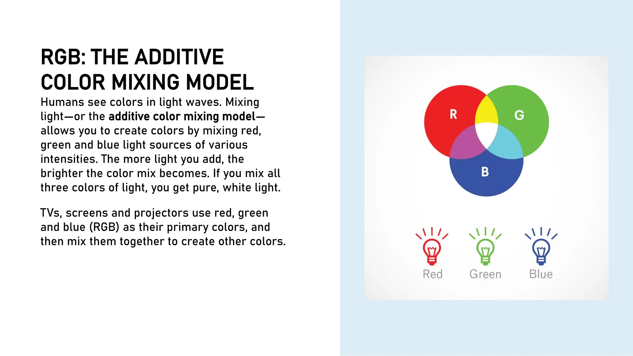 RGB: THE ADDITIVE
COLOR MIXING MODEL
Humans see colors in light waves. Mixing
light—or the additive color mixing model—
allows you to create colors by mixing red,
green and blue light sources of various
intensities. The more light you add, the
brighter the color mix becomes. If you mix all
three colors of light, you get pure, white light.
TVs, screens and projectors use red, green
and blue (RGB) as their primary colors, and
then mix them together to create other colors.
 