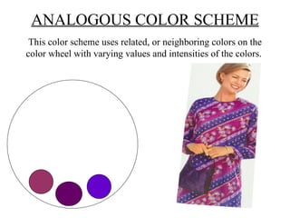 ANALOGOUS COLOR SCHEME This color scheme uses related, or neighboring colors on the color wheel with varying values and intensities of the colors.  
