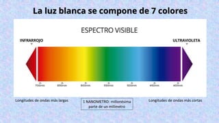 1 NANOMETRO: millonésima
parte de un milímetro
La luz blanca se compone de 7 colores
Longitudes de ondas más largas Longitudes de ondas más cortas
 