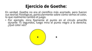 Ejercicio de Goethe:
En verdad, Goethe no era el científico más acertado, pero fueron
sus teorías fisiológicas, particularmente sobre cómo vemos el color,
lo que realmente cambió el juego.
• Por ejemplo, mira fijamente el punto en el círculo amarillo
durante 15 segundos, luego mira el punto negro a la derecha.
¿Qué color ves?
 