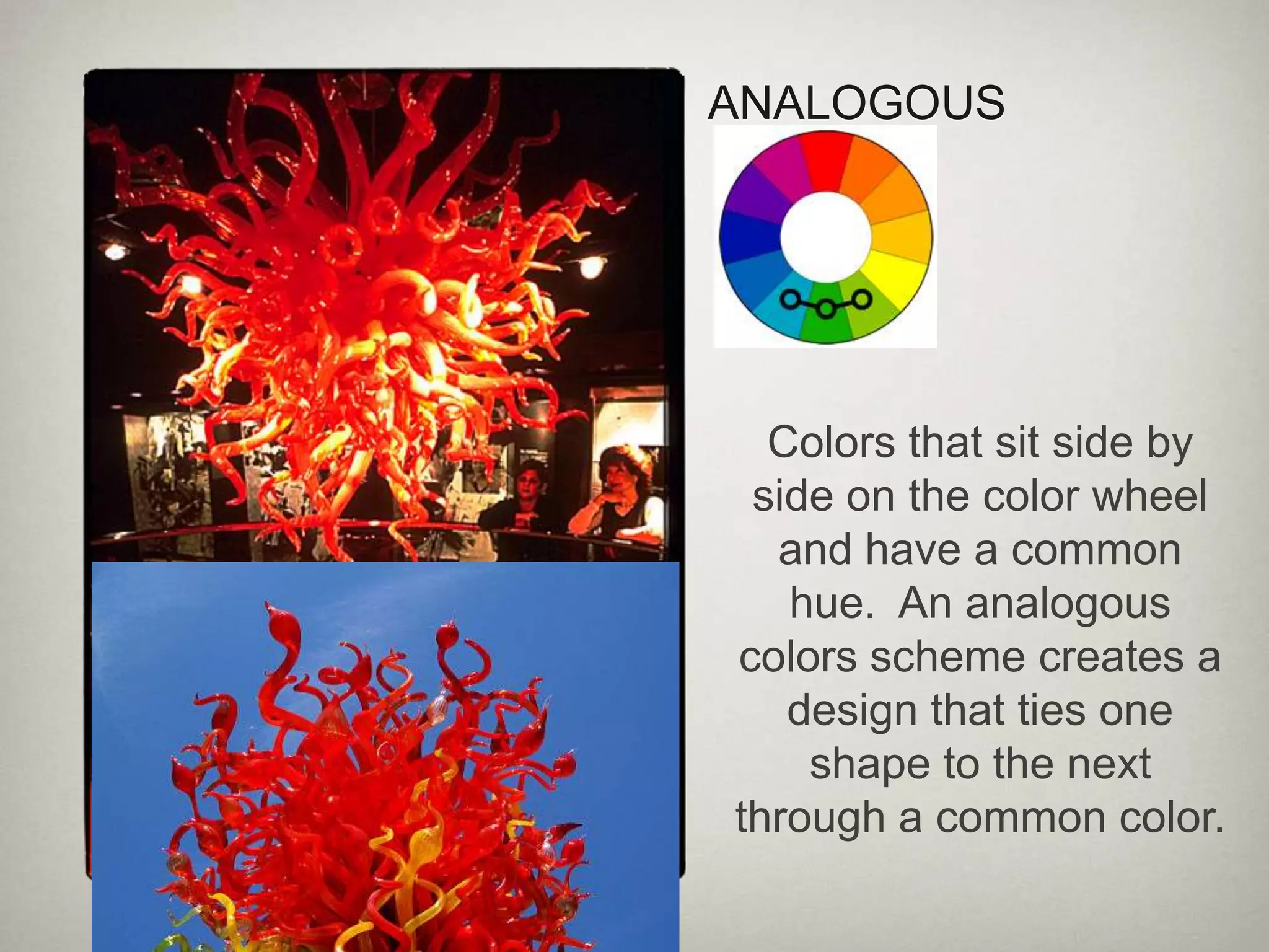 TRIADThree colors spaced an equal distance apart on the color wheel.  Contrast is not as strong as between complements.