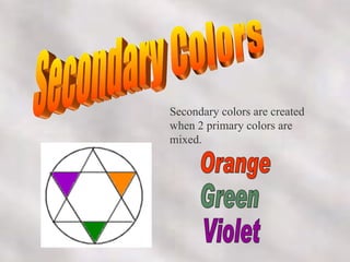 Secondary Colors Secondary colors are created when 2 primary colors are mixed. Orange Green Violet 