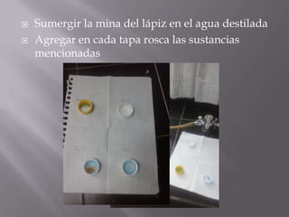    Sumergir la mina del lápiz en el agua destilada
   Agregar en cada tapa rosca las sustancias
    mencionadas
 