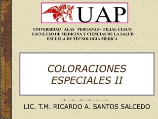 UNIVERSIDAD ALAS PERUANAS - FILIAL CUSCO
  FACULTAD DE MEDICINA Y CIENCIAS DE LA SALUD
        ESCUELA DE TECNOLOGIA MEDICA




        COLORACIONES
         ESPECIALES II

LIC. T.M. RICARDO A. SANTOS SALCEDO
 