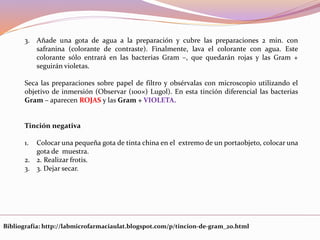 3. Añade una gota de agua a la preparación y cubre las preparaciones 2 min. con
safranina (colorante de contraste). Finalmente, lava el colorante con agua. Este
colorante sólo entrará en las bacterias Gram –, que quedarán rojas y las Gram +
seguirán violetas.
Seca las preparaciones sobre papel de filtro y obsérvalas con microscopio utilizando el
objetivo de inmersión (Observar (100×) Lugol). En esta tinción diferencial las bacterias
Gram – aparecen ROJAS y las Gram + VIOLETA.
Tinción negativa
1. Colocar una pequeña gota de tinta china en el extremo de un portaobjeto, colocar una
gota de muestra.
2. 2. Realizar frotis.
3. 3. Dejar secar.
Bibliografía: http://labmicrofarmaciaulat.blogspot.com/p/tincion-de-gram_20.html
 