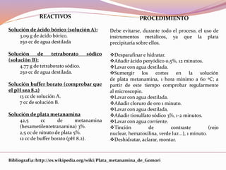 REACTIVOS
Solución de ácido bórico (solución A):
3,09 g de ácido bórico.
250 cc de agua destilada
Solución de tetraborato sódico
(solución B):
4,77 g de tetraborato sódico.
250 cc de agua destilada.
Solución buffer borato (comprobar que
el pH sea 8.2)
13 cc de solución A.
7 cc de solución B.
Solución de plata metanamina
42,5 cc de metanamina
(hexametilentetranamina) 3%.
2,5 cc de nitrato de plata 5%.
12 cc de buffer borato (pH 8.2).
PROCEDIMIENTO
Debe evitarse, durante todo el proceso, el uso de
instrumentos metálicos, ya que la plata
precipitaría sobre ellos.
Desparafinar e hidratar.
Añadir ácido peryódico 0,5%, 12 minutos.
Lavar con agua destilada.
Sumergir los cortes en la solución
de plata metanamina, 1 hora mínimo a 60 ºC; a
partir de este tiempo comprobar regularmente
al microscopio.
Lavar con agua destilada.
Añadir cloruro de oro 1 minuto.
Lavar con agua destilada.
Añadir tiosulfato sódico 3%, 1-2 minutos.
Lavar con agua corriente.
Tinción de contraste (rojo
nuclear, hematoxilina, verde luz...), 1 minuto.
Deshidratar, aclarar, montar.
Bibliografía: http://es.wikipedia.org/wiki/Plata_metanamina_de_Gomori
 