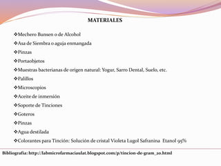 MATERIALES
Mechero Bunsen o de Alcohol
Asa de Siembra o aguja enmangada
Pinzas
Portaobjetos
Muestras bacterianas de origen natural: Yogur, Sarro Dental, Suelo, etc.
Palillos
Microscopios
Aceite de inmersión
Soporte de Tinciones
Goteros
Pinzas
Agua destilada
Colorantes para Tinción: Solución de cristal Violeta Lugol Safranina Etanol 95%
Bibliografía: http://labmicrofarmaciaulat.blogspot.com/p/tincion-de-gram_20.html
 