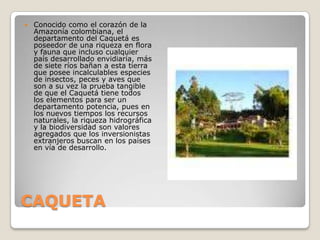 CAQUETAConocido como el corazón de la Amazonía colombiana, el departamento del Caquetá es poseedor de una riqueza en flora y fauna que incluso cualquier país desarrollado envidiaría, más de siete ríos bañan a esta tierra que posee incalculables especies de insectos, peces y aves que son a su vez la prueba tangible de que el Caquetá tiene todos los elementos para ser un departamento potencia, pues en los nuevos tiempos los recursos naturales, la riqueza hidrográfica y la biodiversidad son valores agregados que los inversionistas extranjeros buscan en los países en vía de desarrollo.