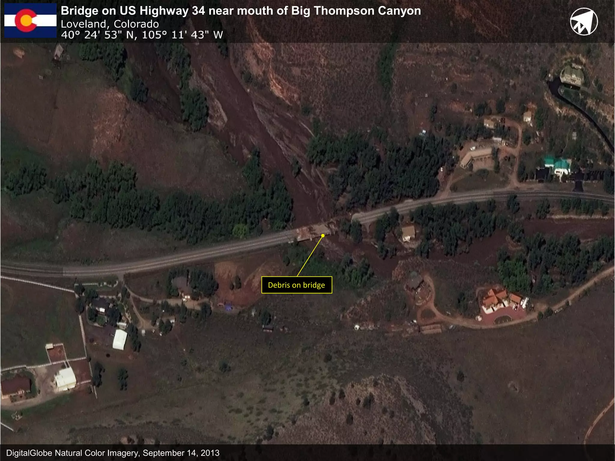 DigitalGlobe Natural Color Imagery, September 14, 2013
Bridge on US Highway 34 near mouth of Big Thompson Canyon
Loveland, Colorado
Debris on bridge
 