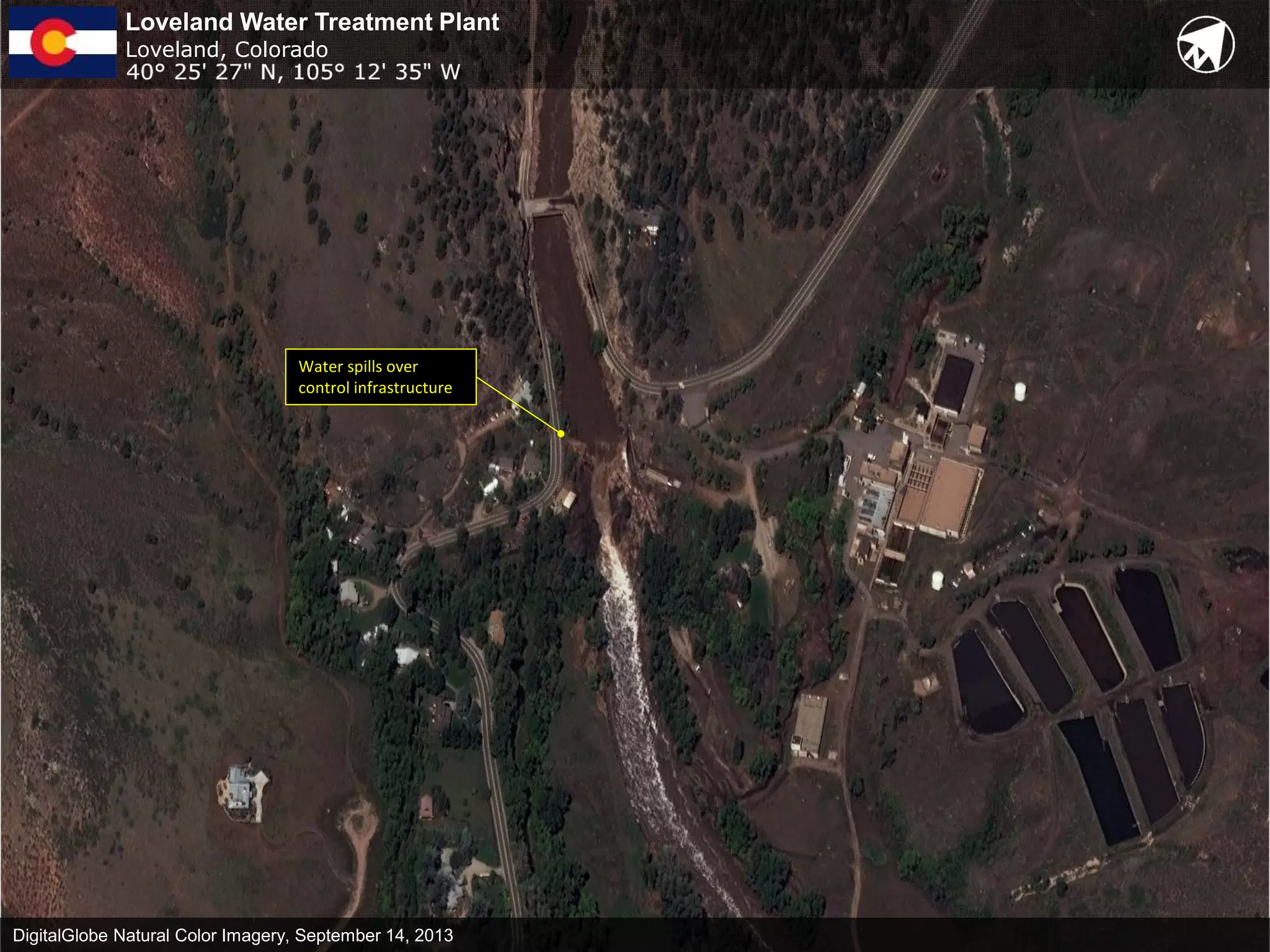DigitalGlobe Natural Color Imagery, September 14, 2013
Loveland Water Treatment Plant
Loveland, Colorado
Water spills over
control infrastructure
 