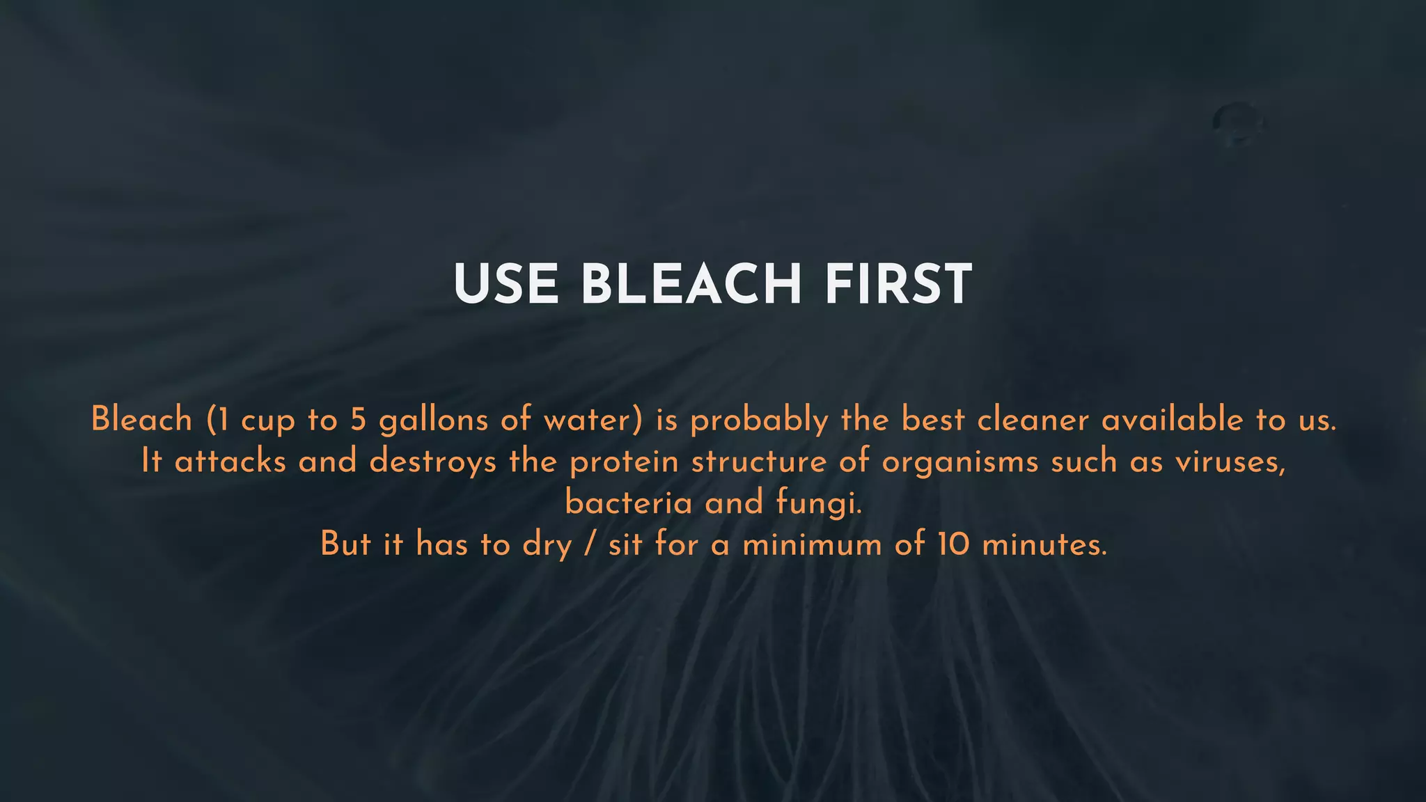 USE BLEACH FIRST
Bleach (1 cup to 5 gallons of water) is probably the best cleaner available to us.
It attacks and destroys the protein structure of organisms such as viruses,
bacteria and fungi.
But it has to dry / sit for a minimum of 10 minutes.
 
