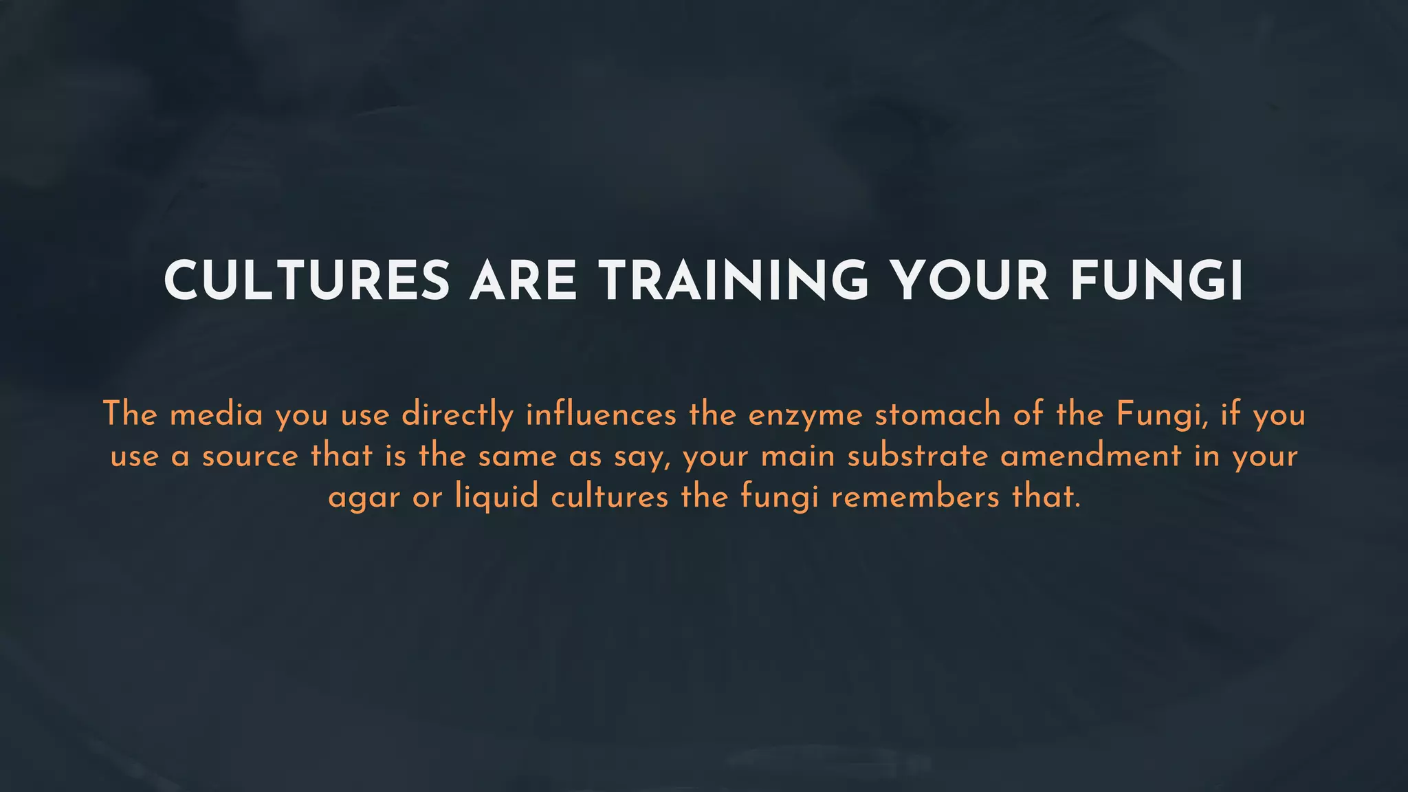 CULTURES ARE TRAINING YOUR FUNGI
The media you use directly influences the enzyme stomach of the Fungi, if you
use a source that is the same as say, your main substrate amendment in your
agar or liquid cultures the fungi remembers that.
 