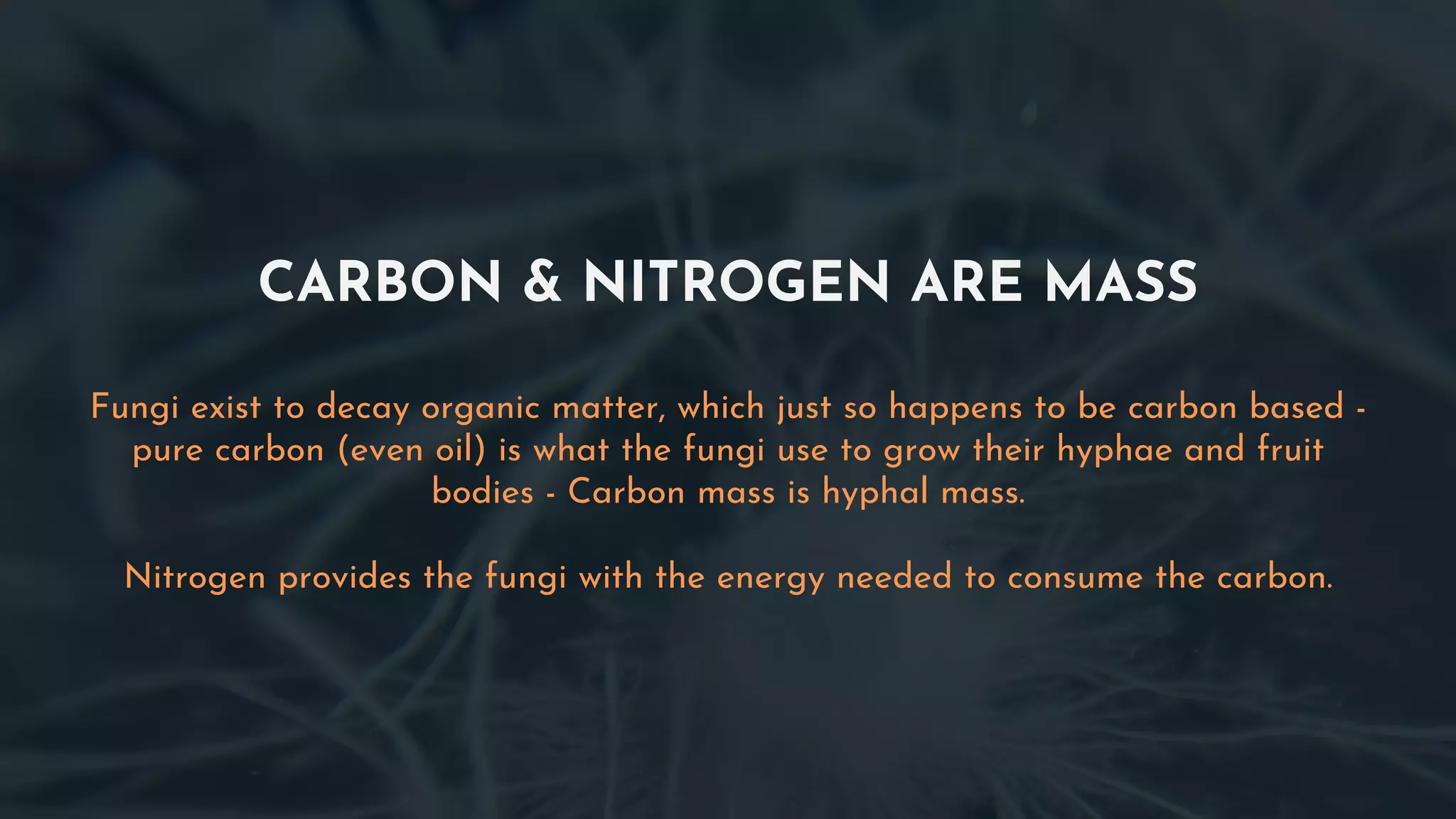 CARBON & NITROGEN ARE MASS
Fungi exist to decay organic matter, which just so happens to be carbon based -
pure carbon (even oil) is what the fungi use to grow their hyphae and fruit
bodies - Carbon mass is hyphal mass.
Nitrogen provides the fungi with the energy needed to consume the carbon.
 