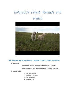 We welcome you to the home of Colorado's Finest Kennels and Ranch!
 Location:
Southeast of Denver in the country outside of Franktown.
Wide open space with Majestic views of the Rocky Mountains
 Dog Breeder:
 Golden Retriever
 Labrador Retriever
 Goldendoodle
 Labradoodle
 