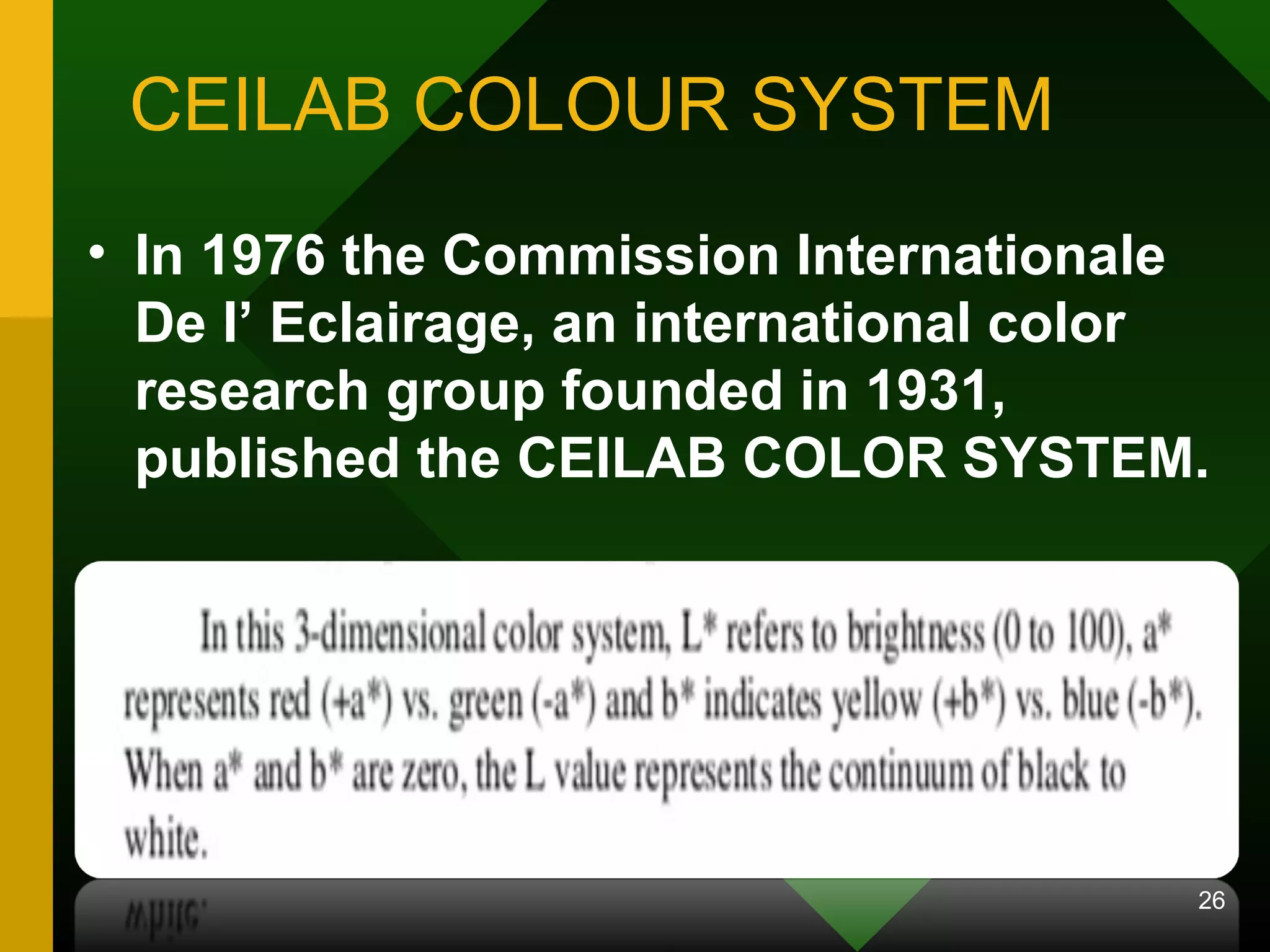 CEILAB COLOUR SYSTEM
• In 1976 the Commission Internationale
De I’ Eclairage, an international color
research group founded in 1931,
published the CEILAB COLOR SYSTEM.
In this three dimensional color
system, l refers to brightness
07/13/18
26
 