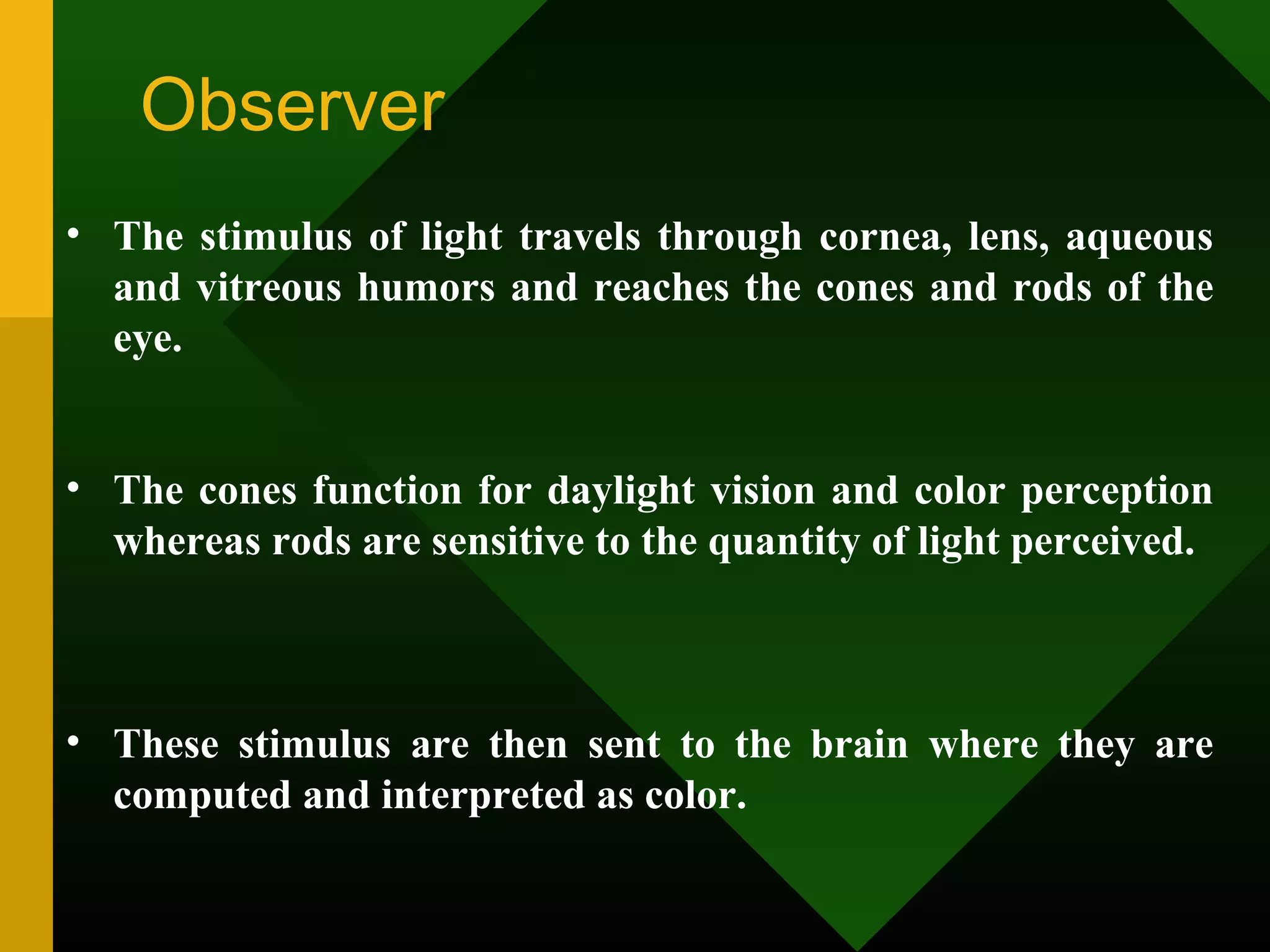 Observer
• The stimulus of light travels through cornea, lens, aqueous
and vitreous humors and reaches the cones and rods of the
eye.
• The cones function for daylight vision and color perception
whereas rods are sensitive to the quantity of light perceived.
• These stimulus are then sent to the brain where they are
computed and interpreted as color.
 