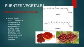 FUENTES VEGETALES
 Usada desde
antiguo , por indios
para pintarse el
cuerpo de color
rojo(pintura de
guerra), como
colorante en la
textilería y en la
cerámica, y como
repelente de
insectos.
Achiote (bixina/norbixina)
 