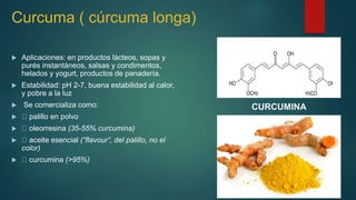 Curcuma ( cúrcuma longa)
 Aplicaciones: en productos lácteos, sopas y
purés instantáneos, salsas y condimentos,
helados y yogurt, productos de panadería.
 Estabilidad: pH 2-7, buena estabilidad al calor,
y pobre a la luz
 Se comercializa como:
 palillo en polvo
 oleorresina (35-55% curcumina)
 aceite esencial (“flavour”, del palillo, no el
color)
 curcumina (>95%)
CURCUMINA
 