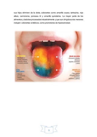 9
sus hijos eliminen de la dieta, colorantes como amarillo ocaso, tartrazina, rojo
allura, carmoisina, ponceau 4r y amarillo quinoleína. La mayor parte de los
alimentos y bebidasprocesadasindustrialmente y que son dirigidosa los menores
incluyen colorantes sintéticos, como promotores de hiperactividad.
 