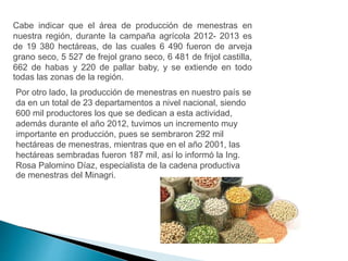 Cabe indicar que el área de producción de menestras en 
nuestra región, durante la campaña agrícola 2012- 2013 es 
de 19 380 hectáreas, de las cuales 6 490 fueron de arveja 
grano seco, 5 527 de frejol grano seco, 6 481 de frijol castilla, 
662 de habas y 220 de pallar baby, y se extiende en todo 
todas las zonas de la región. 
Por otro lado, la producción de menestras en nuestro país se 
da en un total de 23 departamentos a nivel nacional, siendo 
600 mil productores los que se dedican a esta actividad, 
además durante el año 2012, tuvimos un incremento muy 
importante en producción, pues se sembraron 292 mil 
hectáreas de menestras, mientras que en el año 2001, las 
hectáreas sembradas fueron 187 mil, así lo informó la Ing. 
Rosa Palomino Díaz, especialista de la cadena productiva 
de menestras del Minagri. 
 