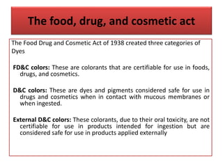 The food, drug, and cosmetic act
The Food Drug and Cosmetic Act of 1938 created three categories of
Dyes
FD&C colors: These are colorants that are certifiable for use in foods,
drugs, and cosmetics.
D&C colors: These are dyes and pigments considered safe for use in
drugs and cosmetics when in contact with mucous membranes or
when ingested.
External D&C colors: These colorants, due to their oral toxicity, are not
certifiable for use in products intended for ingestion but are
considered safe for use in products applied externally
 