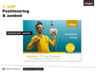 Winkel van de toekomst
1. USP
Positionering
& aanbod
BOODSCHAP: ADVIES
 