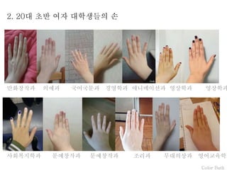Color Bath
2. 20대 초반 여자 대학생들의 손
만화창작과 의예과 국어국문과 경영학과 애니메이션과 영상학과 영상학과
사회복지학과 문예창작과 문예창작과 조리과 무대의상과 영어교육학과
 