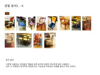 관찰 분석1 - 색
분석 결과
기존에 사용되는 의자들의 색들을 보면 갈색과 검정이 무난하게 많이 사용된다.
의자 그 자체로의 독자적인 특징보다는 기능성과 주위와의 조화를 중요시 하는 듯하다.
 