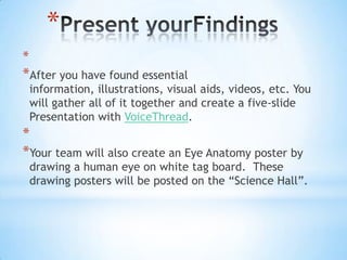*
*
*After you have found essential
    information, illustrations, visual aids, videos, etc. You
    will gather all of it together and create a five-slide
    Presentation with VoiceThread.
*
*Your team will also create an Eye Anatomy poster by
    drawing a human eye on white tag board. These
    drawing posters will be posted on the “Science Hall”.
 