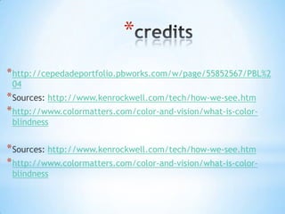 *
* http://cepedadeportfolio.pbworks.com/w/page/55852567/PBL%2
 04
* Sources: http://www.kenrockwell.com/tech/how-we-see.htm
* http://www.colormatters.com/color-and-vision/what-is-color-
 blindness


* Sources: http://www.kenrockwell.com/tech/how-we-see.htm
* http://www.colormatters.com/color-and-vision/what-is-color-
 blindness
 