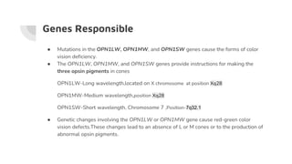 Genes Responsible
● Mutations in the OPN1LW, OPN1MW, and OPN1SW genes cause the forms of color
vision deficiency.
● The OPN1LW, OPN1MW, and OPN1SW genes provide instructions for making the
three opsin pigments in cones
OPN1LW-Long wavelength,located on X chromosome at position Xq28
OPN1MW-Medium wavelength,position Xq28
OPN1SW-Short wavelength, Chromosome 7 ,Position-7q32.1
● Genetic changes involving the OPN1LW or OPN1MW gene cause red-green color
vision defects.These changes lead to an absence of L or M cones or to the production of
abnormal opsin pigments.
 