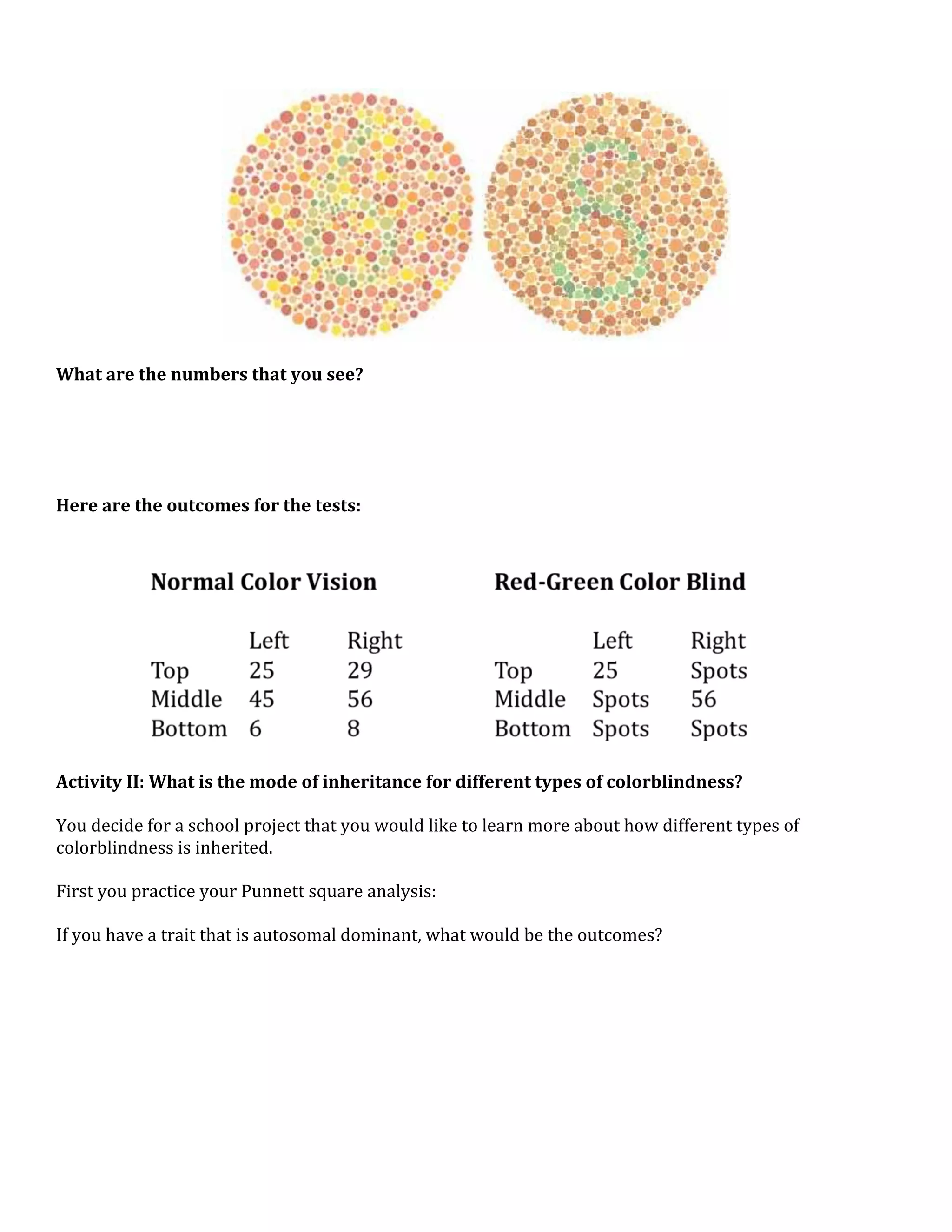  
 
What are the numbers that you see?   
 
 
 
 
 
Here are the outcomes for the tests: 
 
 




                                                                                                   
 
Activity II: What is the mode of inheritance for different types of colorblindness? 
 
You decide for a school project that you would like to learn more about how different types of 
colorblindness is inherited.  
 
First you practice your Punnett square analysis: 
 
If you have a trait that is autosomal dominant, what would be the outcomes? 
 
 
 
 
 
 
 
 
 