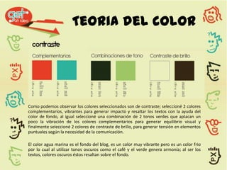 Teoria del color




Como podemos observar los colores seleccionados son de contraste; seleccioné 2 colores
complementarios, vibrantes para generar impacto y resaltar los textos con la ayuda del
color de fondo, al igual seleccioné una combinación de 2 tonos verdes que aplacan un
poco la vibración de los colores complementarios para generar equilibrio visual y
finalmente seleccioné 2 colores de contraste de brillo, para generar tensión en elementos
puntuales según la necesidad de la comunicación.

El color agua marina es el fondo del blog, es un color muy vibrante pero es un color frio
por lo cual al utilizar tonos oscuros como el café y el verde genera armonía; al ser los
textos, colores oscuros éstos resaltan sobre el fondo.
 